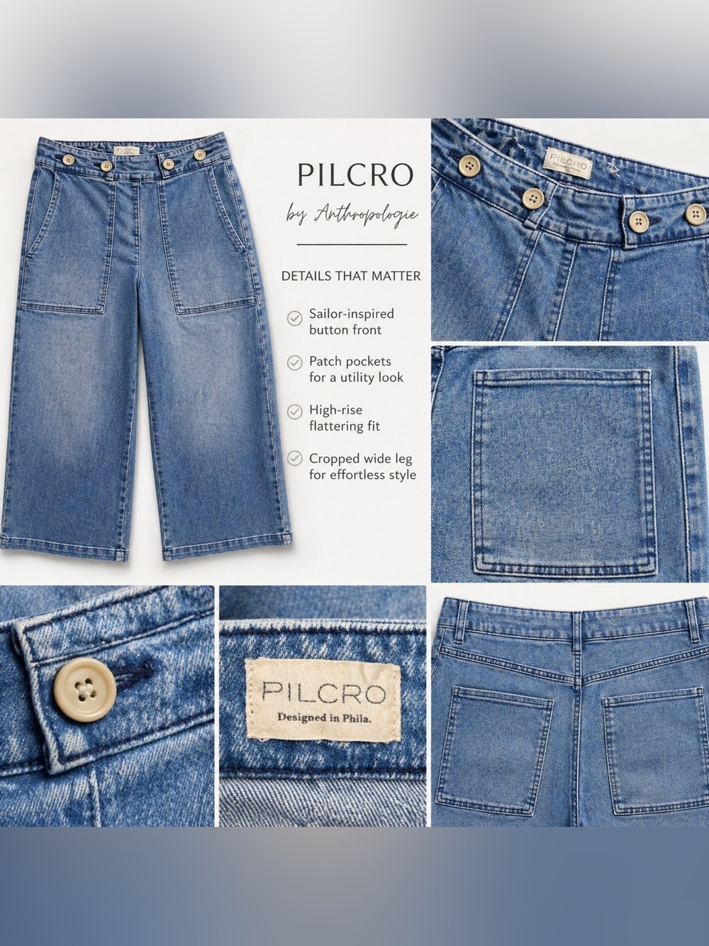 Pilcro Anthropologie High Rise Trending Sailor Style Wide Leg Crop Jeans 26 - Picture 3 of 9